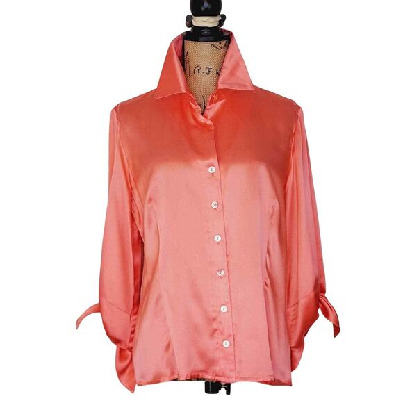 Vintage Finley USA Salmon Silk Long Sleeve Tie Sleeve Abalone Buttons Blouse LG - Picture 3 of 13